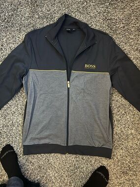 BOSS Navy Blue Crewneck Sweater with Branded Neck Tag